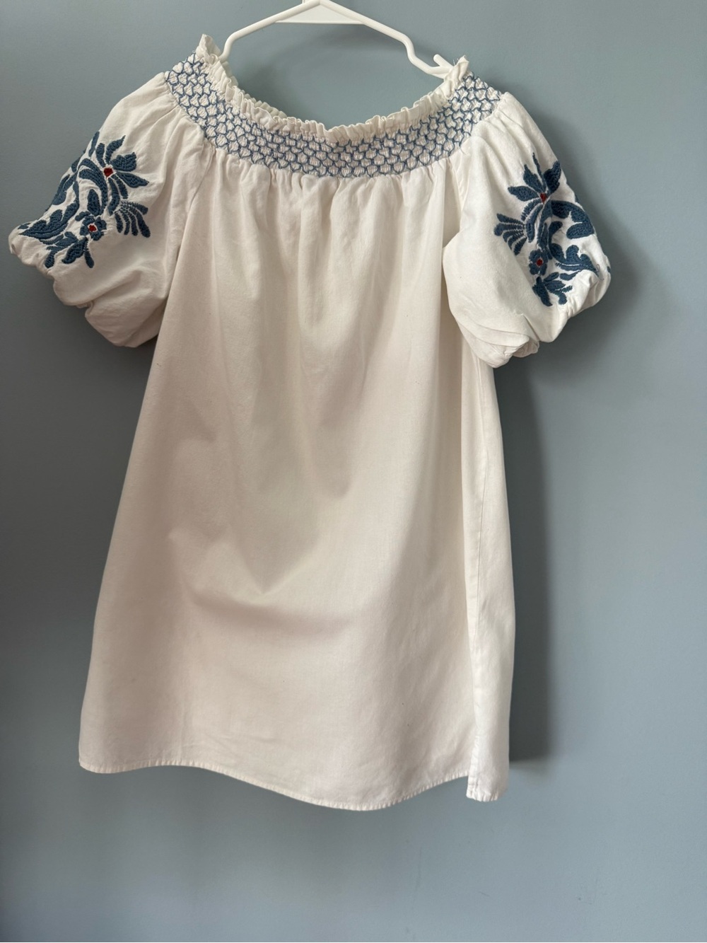 beachlunchlounge White Off-Shoulder Blouse with Blue Embroidery